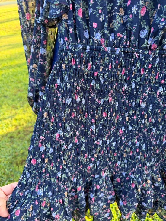 Lush Floral Smocked Mini Dress Medium Navy Blue Ruffle Long Sleeve Cottagecore - Picture 7 of 8